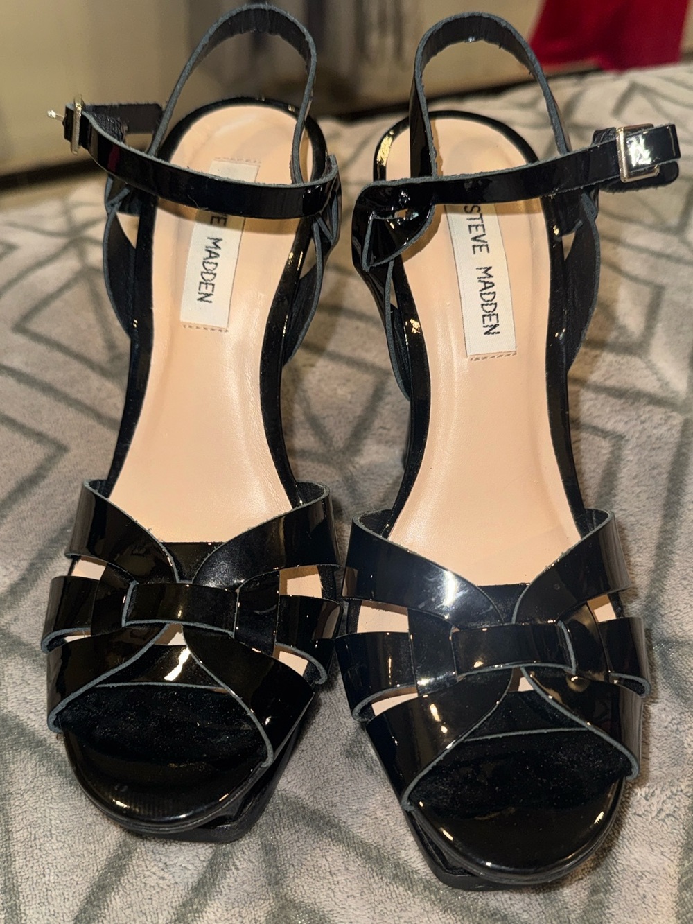 Steve Madden Black Patent Open-Toe Ankle-Strap Heels SUPER CLASSY